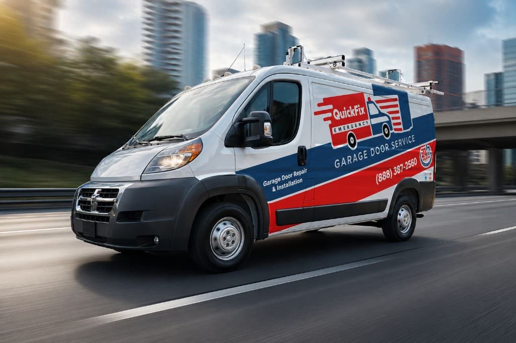 QuickFix Emergency Garage Door Service van driving on an urban highway — fast same-day response