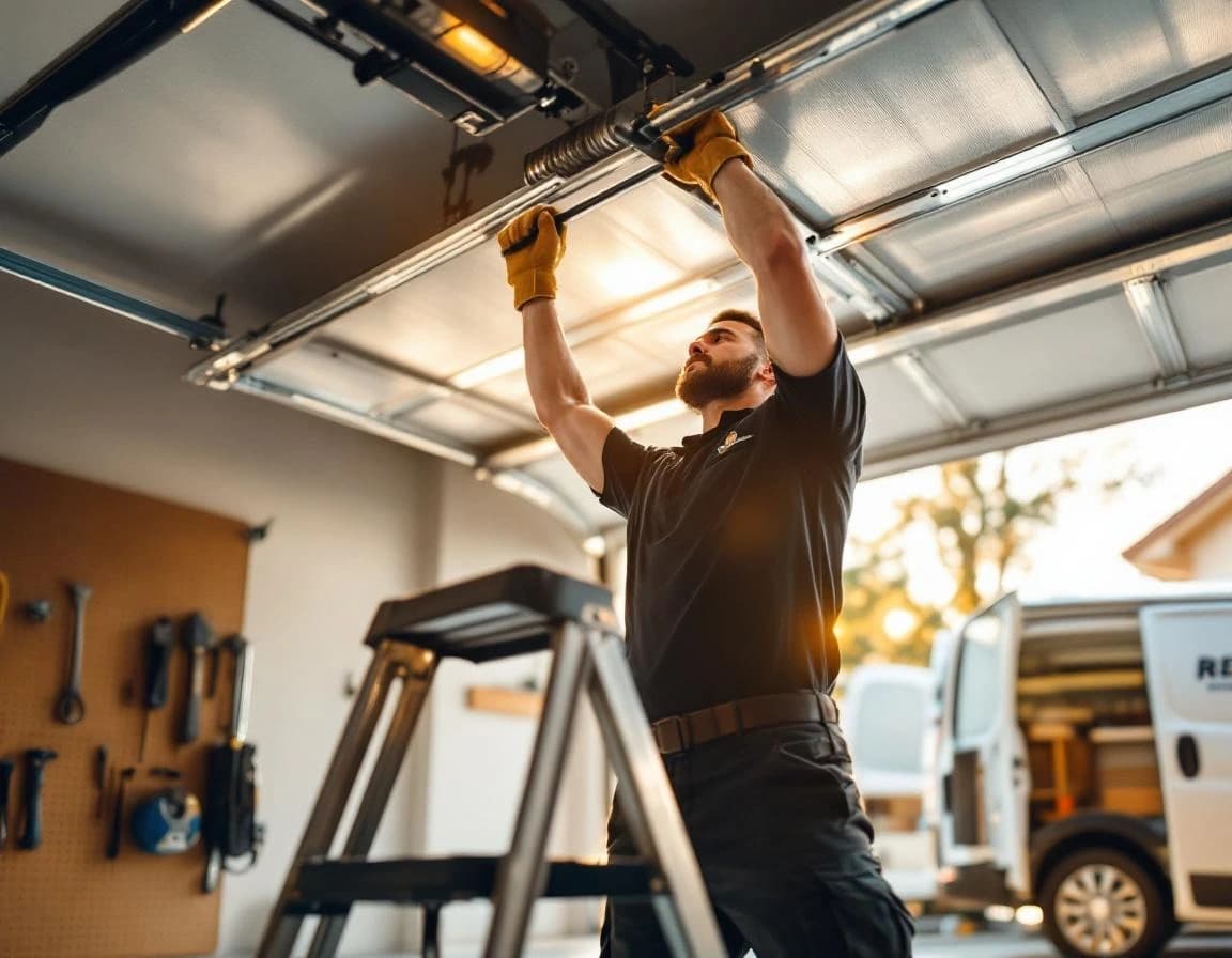 QuickFix technician working on garage door torsion spring from a ladder — same-day repair on broken springs, cables, off-track, openers, and full installs