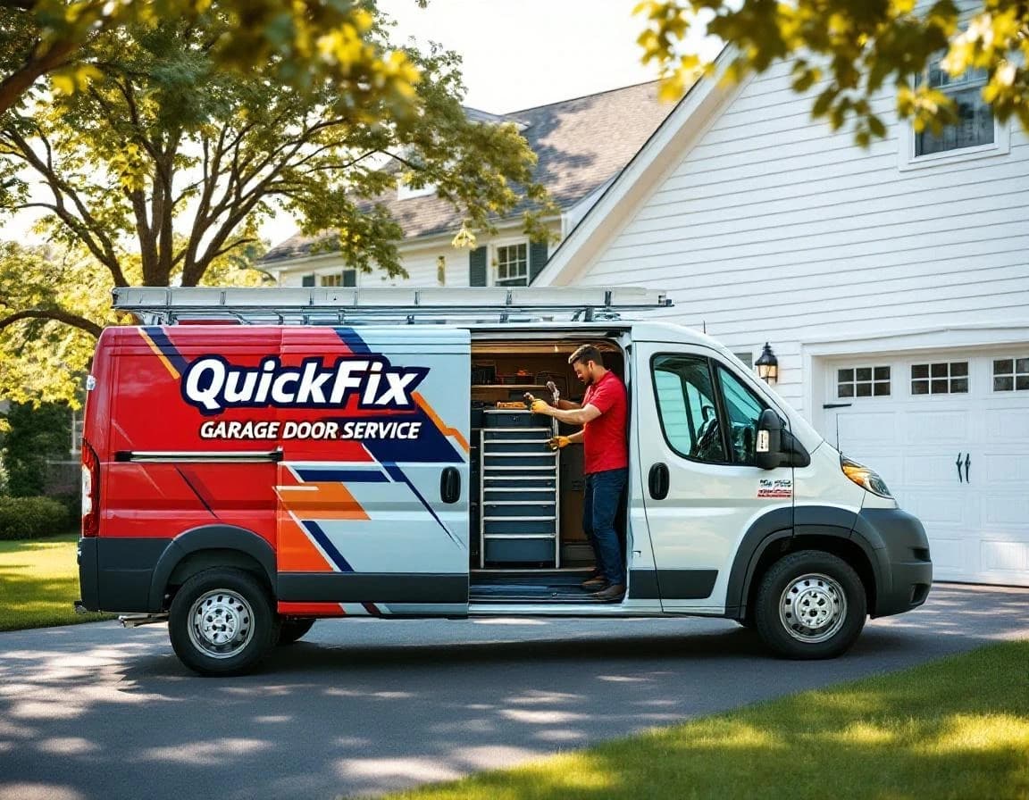 QuickFix technician grabbing a wrench from a branded service van — same-day emergency dispatch