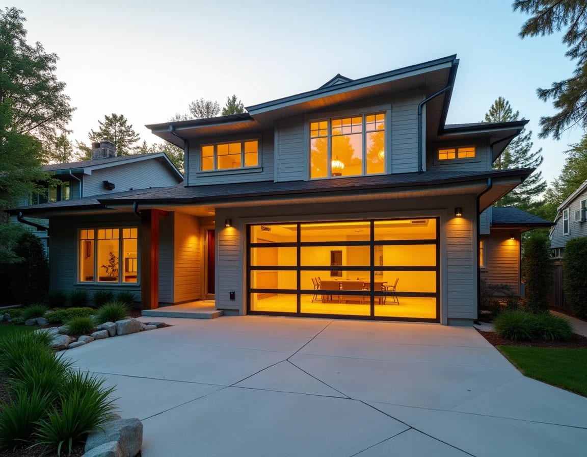 Modern home with beautiful glass-panel garage door — upgrade your home value