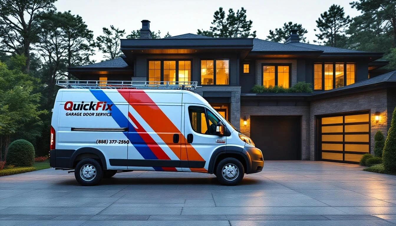 QuickFix service van parked at a stunning modern home — same-day garage door repair and installation