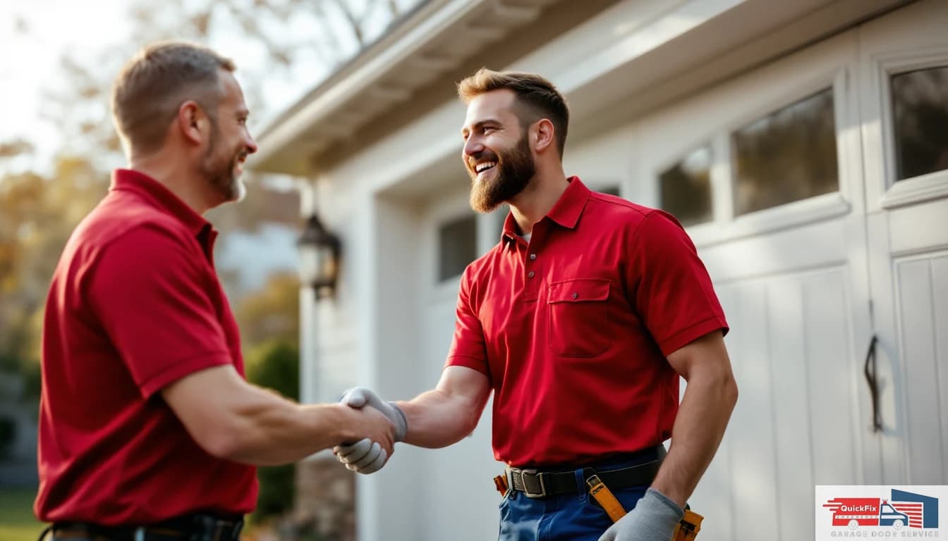 Authentic carriage-house garage door installation — homeowner satisfied after same-day service