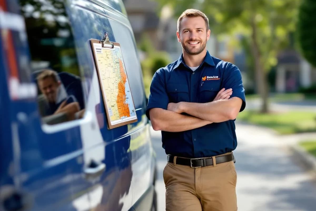 Technician with service area map clipboard outside service van — local service coverage