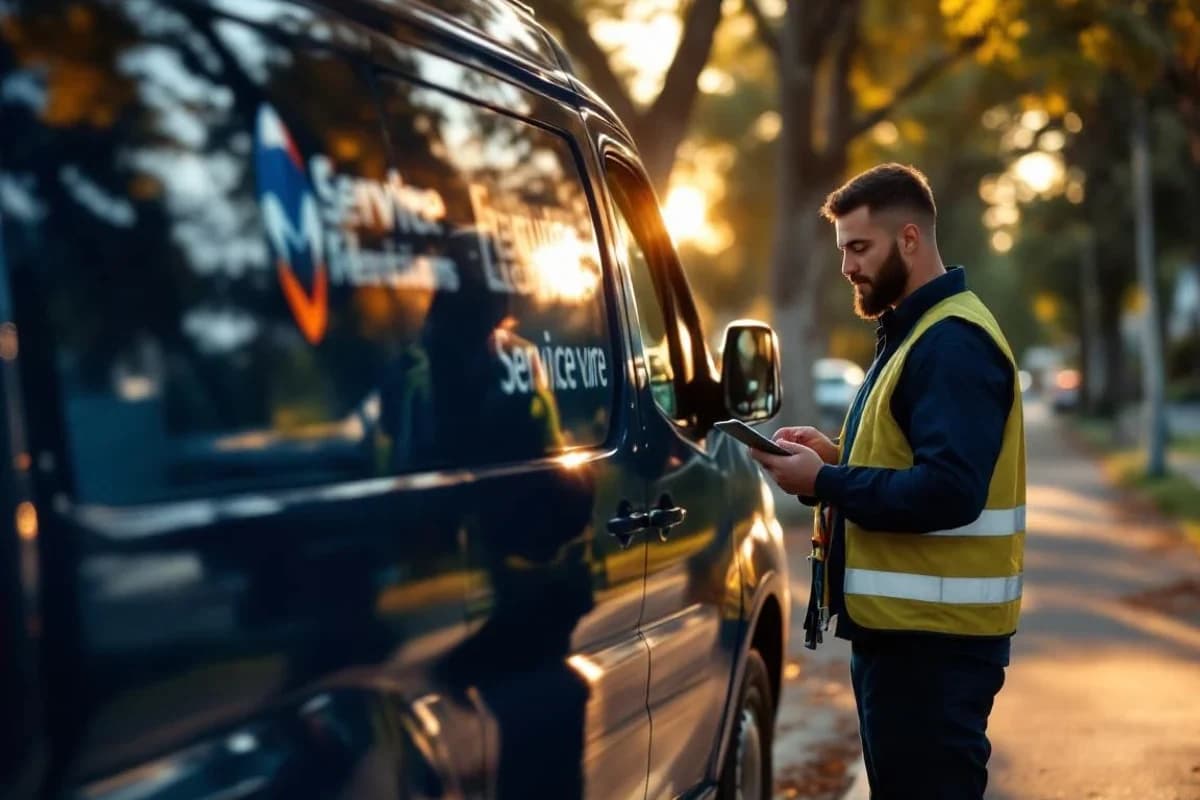 Service van parked in a quiet residential neighborhood, technician updating a tablet