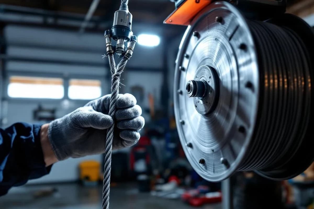 Snapped garage door cable near the drum — technician's gloved hands inspecting during emergency repair