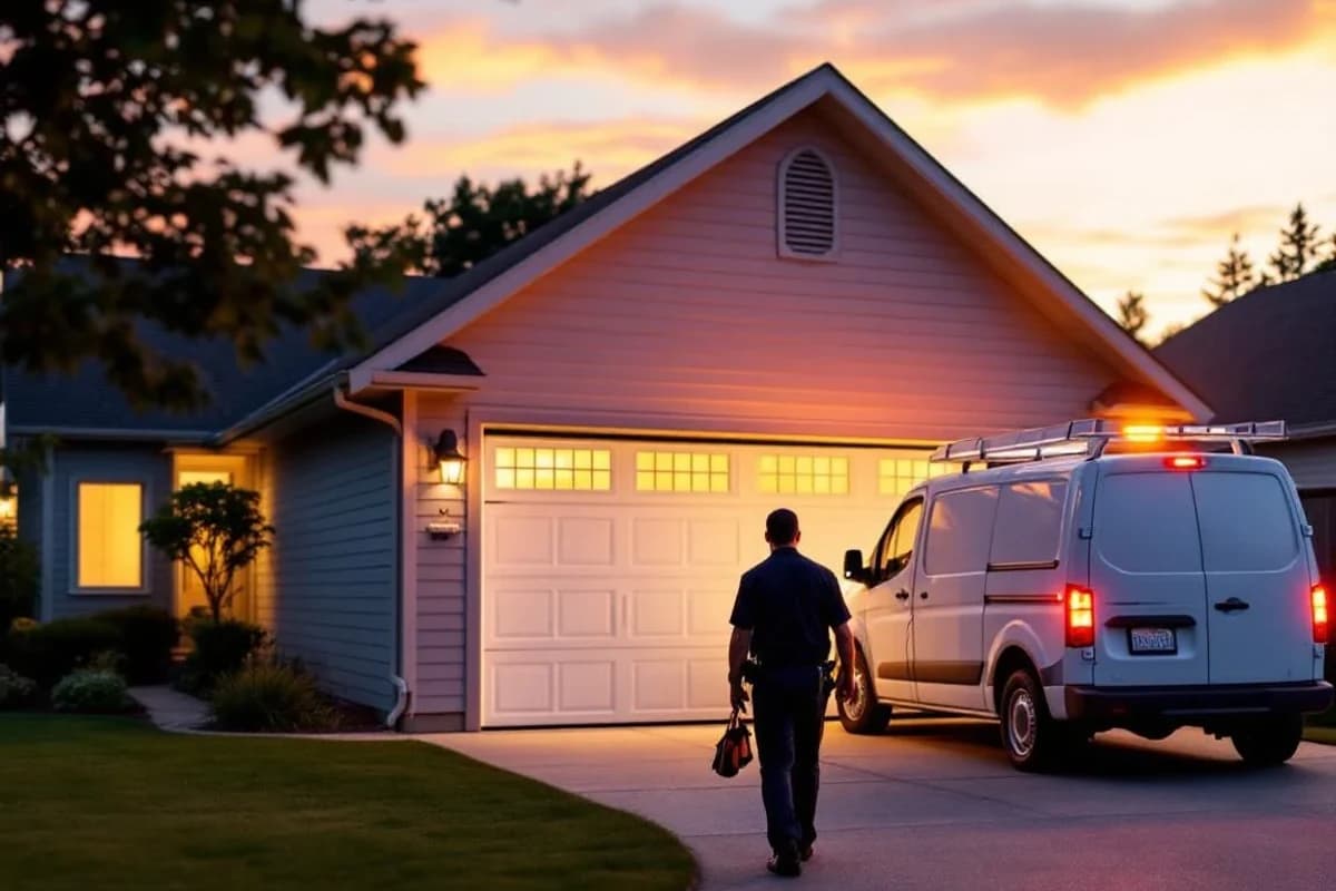 Garage door stuck halfway open at dusk — emergency service van arriving with technician and tool bag
