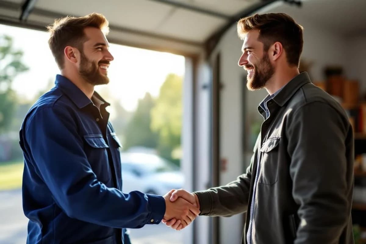Technician handing car keys back to relieved homeowner after same-day emergency garage door repair