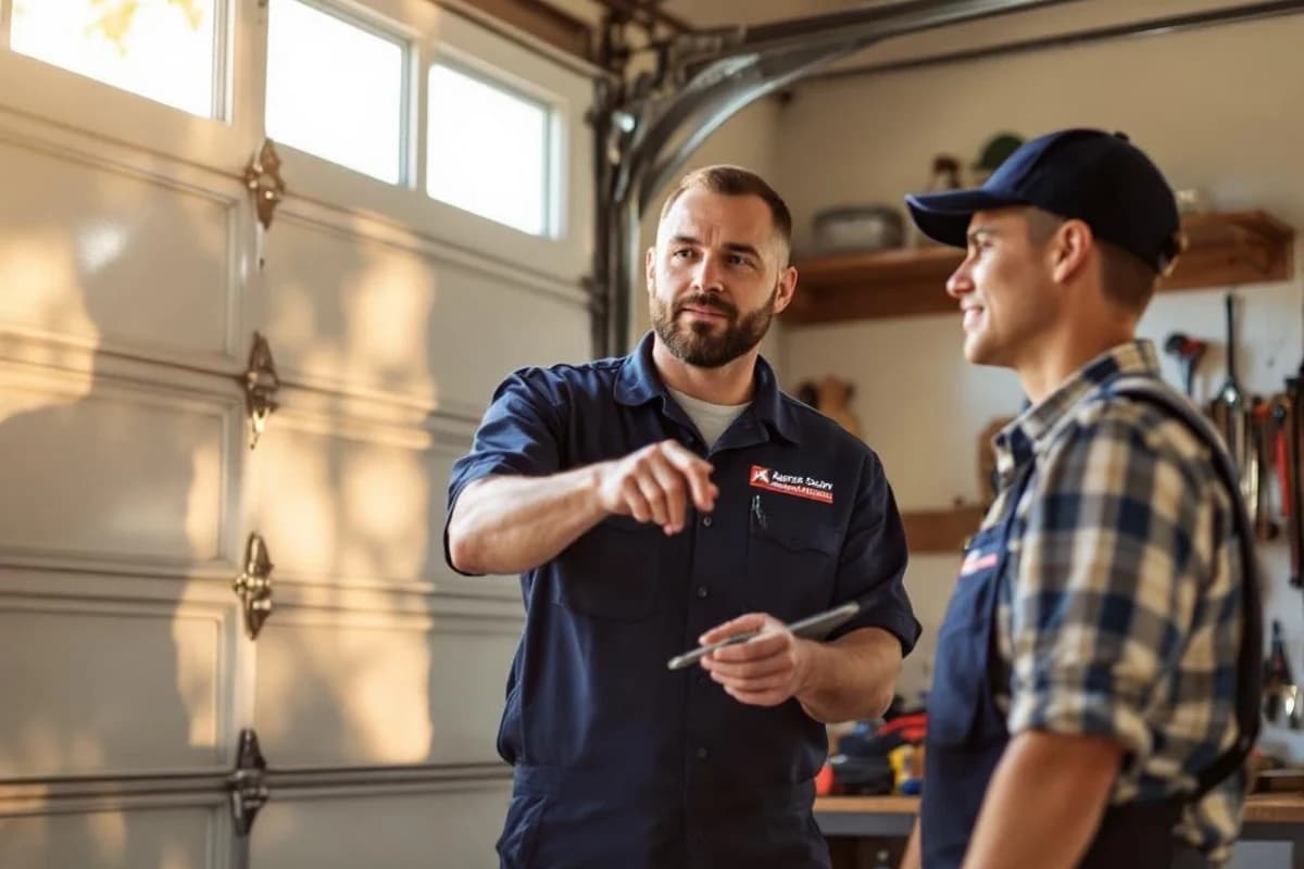 Garage door technician explaining torsion spring mechanics to a homeowner