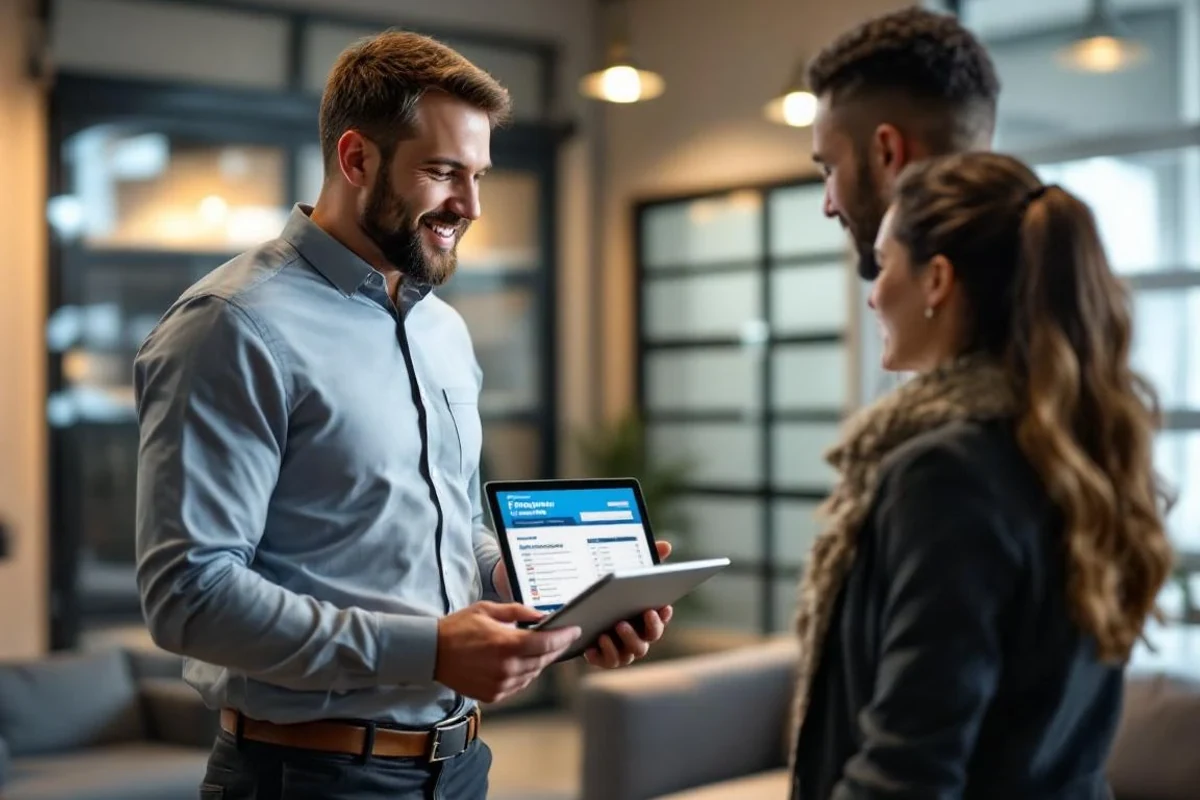 Garage door sales consultant showing financing options to a homeowner on a tablet