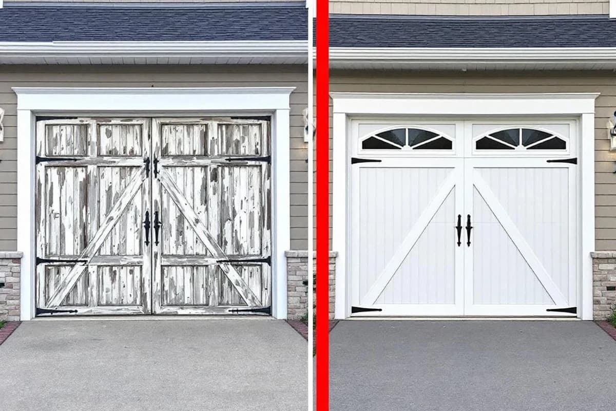 Before and after garage door upgrade — old wooden door replaced with modern insulated steel