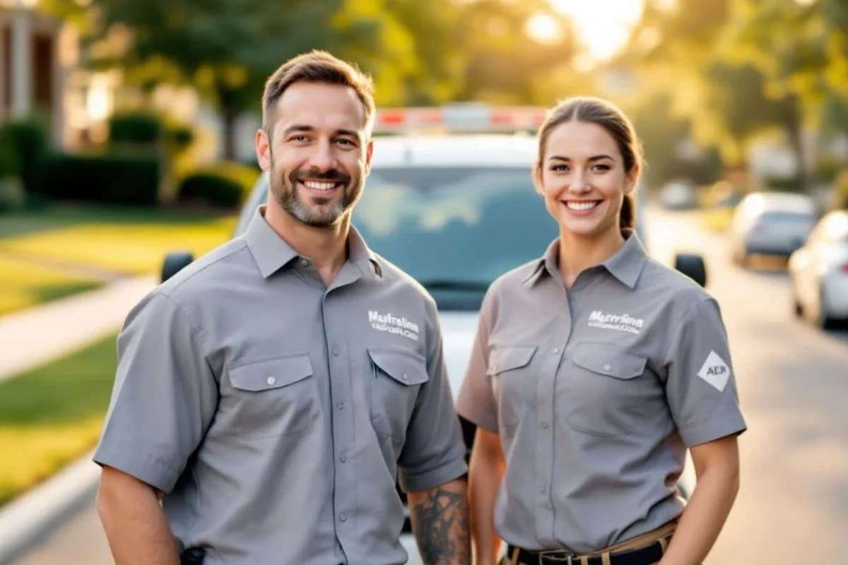 QuickFix Garage Door two-person service crew standing in front of their branded van
