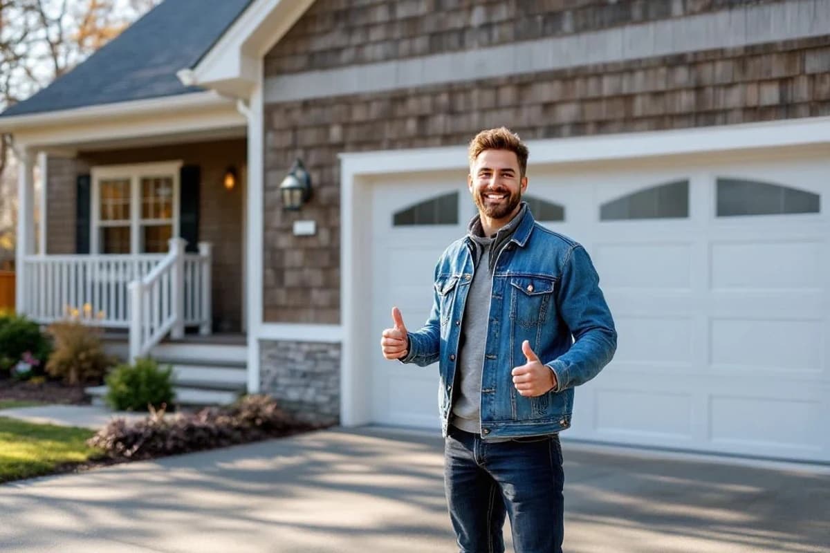 Happy homeowner giving thumbs up in front of their newly repaired garage door